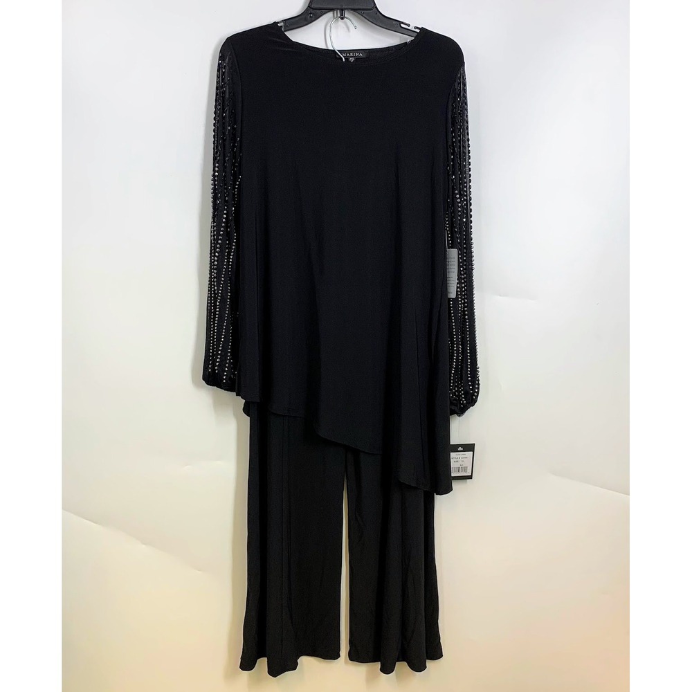 Marina Embellished Chiffon Long Sleeve Asymmetrical Hem Mid Waist Wide Leg SZ 10